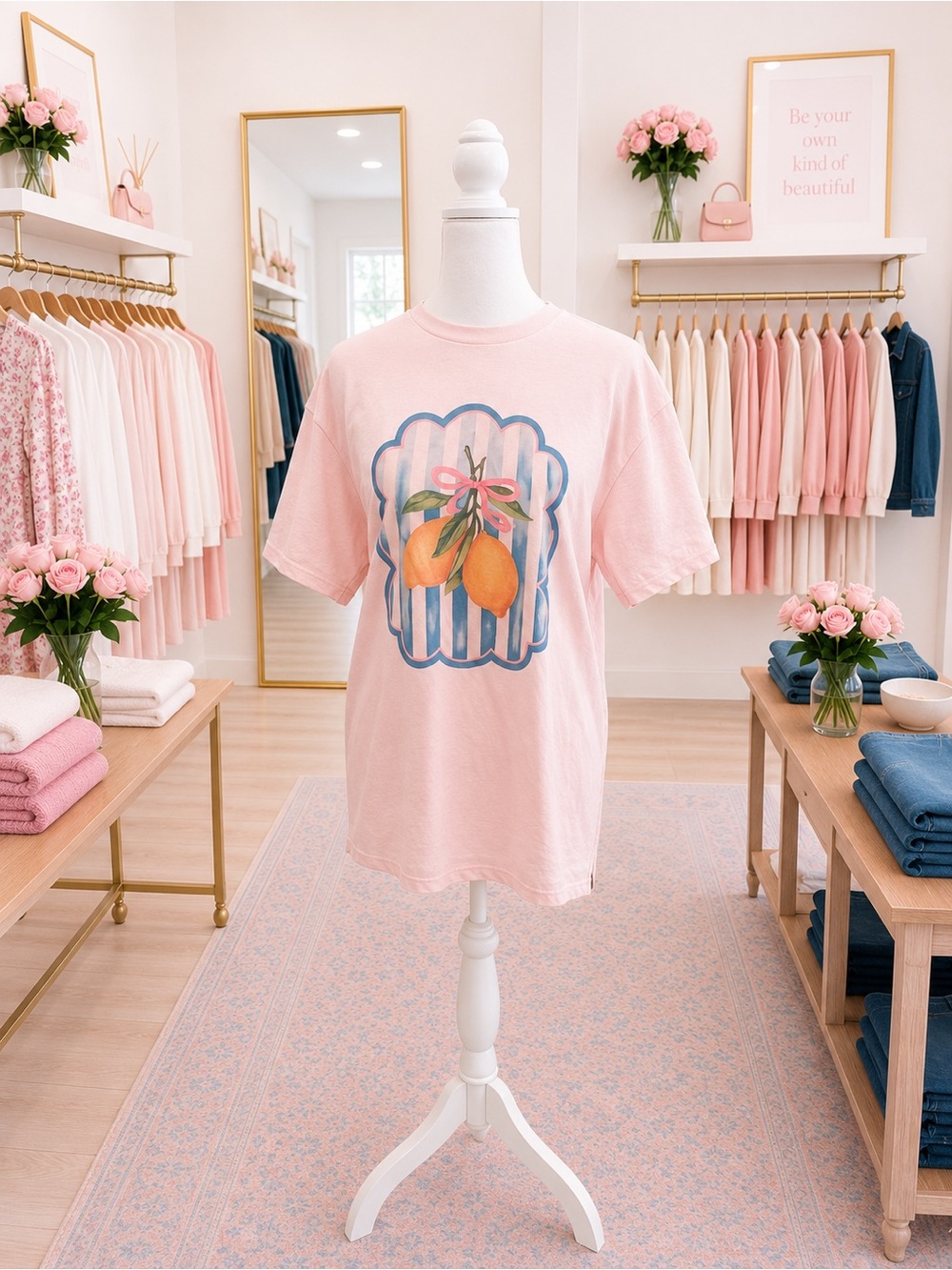 Gildan Pink Lemon Bow Graphic T-Shirt NWOT Sizes Small–XL
